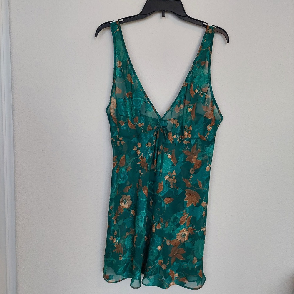 Katherine Bishop Teal Floral Sheer‎ Babydoll Chemise Nightgown Large